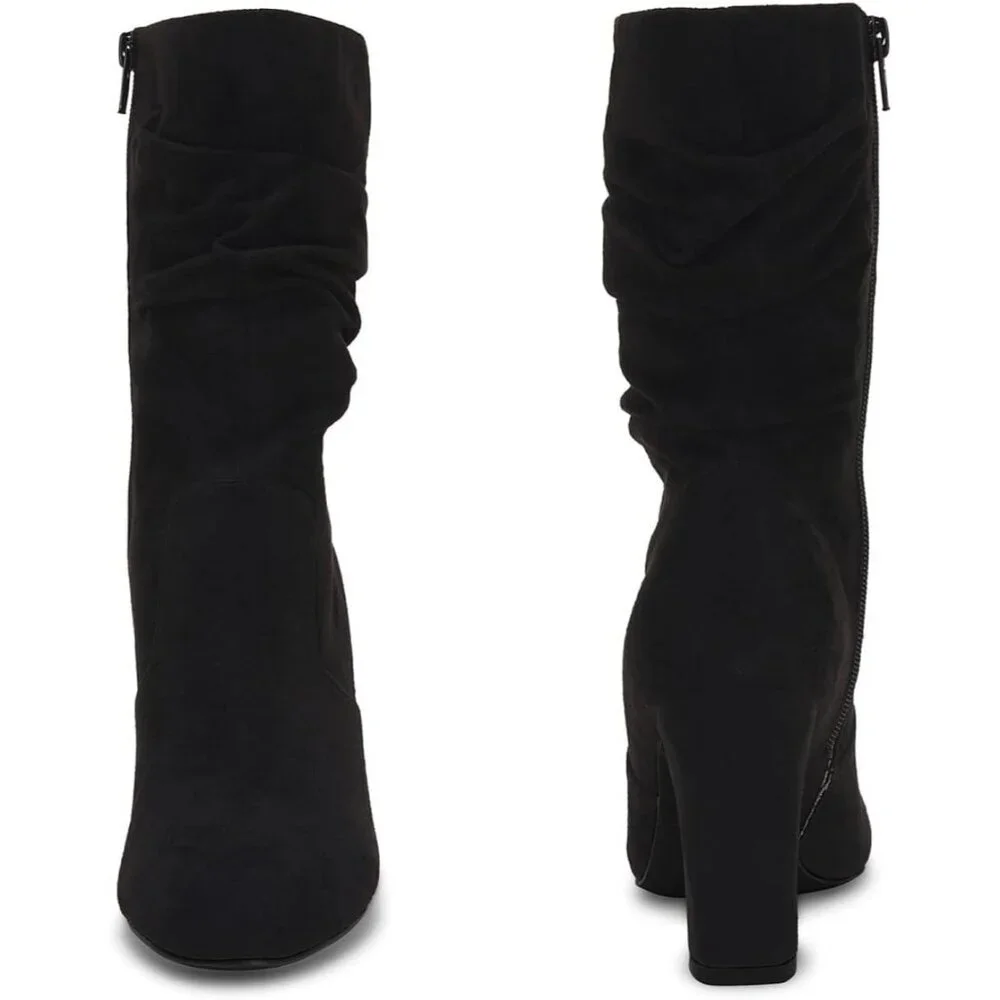 Women's Black Microfiber Mid Calf High Chunky Heel Block Rounded Toe Booties - Picture 6 of 6